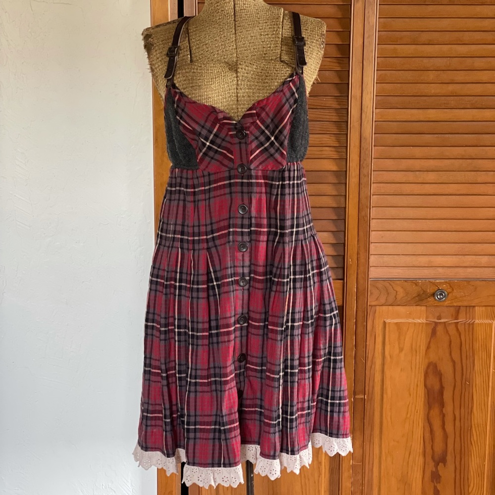 Free People | Red Plaid Flannel Leather Strap Dress | 6